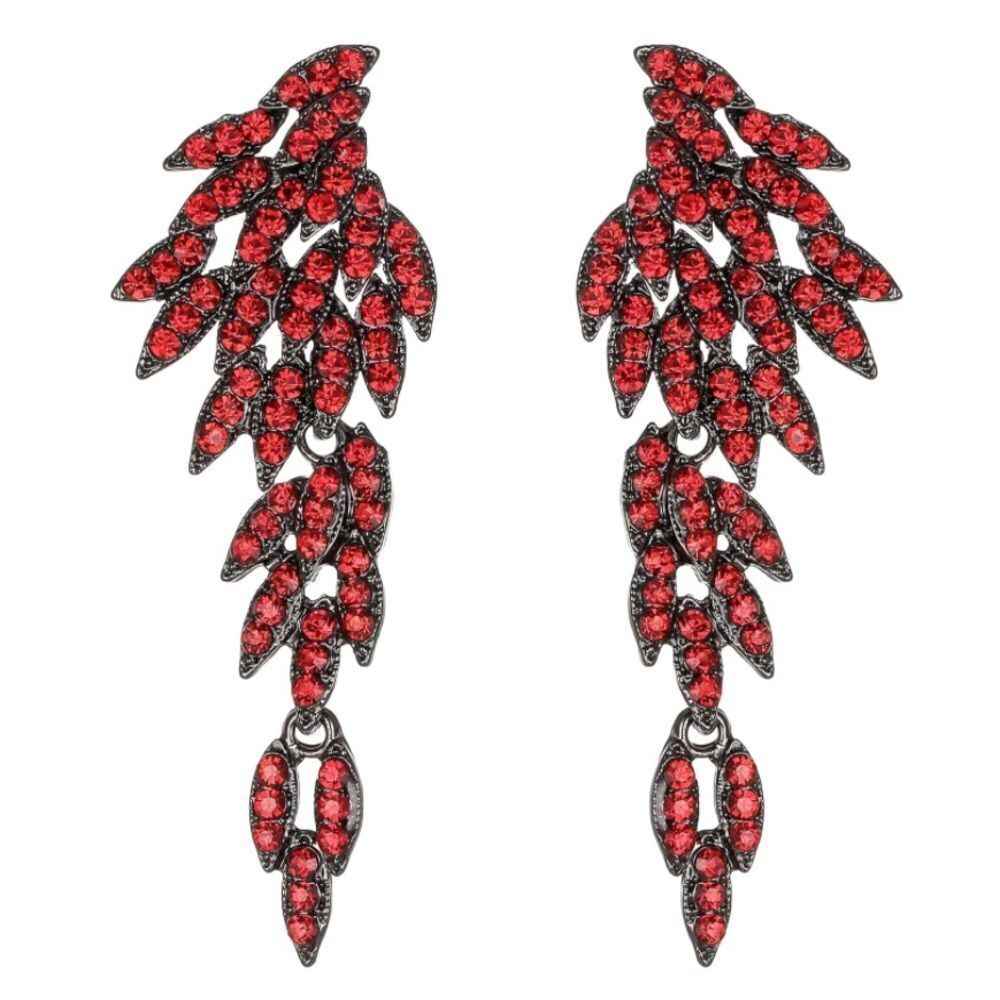Gun Metal Black with Ruby Red Crystal Angel Wing Statement Post Back Earrings